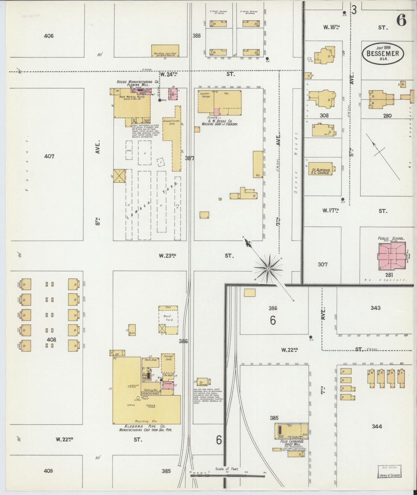 Sanborn Fire Insurance Map from Bessemer, Jefferson County, Alabama (1899), Sheet #0006 - Historic Sanborn Fire Insurance Map Print, vintage old map wall art, antique decor, genealogy gift, Alabama Alabama map