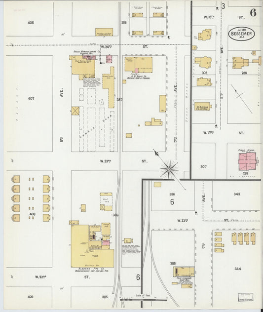 Sanborn Fire Insurance Map from Bessemer, Jefferson County, Alabama (1899), Sheet #0006 - Historic Sanborn Fire Insurance Map Print, vintage old map wall art, antique decor, genealogy gift, Alabama Alabama map