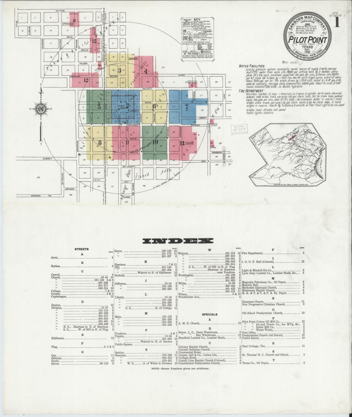 Sanborn Fire Insurance Map from Pilot Point, Denton County, Texas (1921), Sheet #0001 - Historic Sanborn Fire Insurance Map Print, vintage old map wall art, antique decor, genealogy gift, Texas Texas map