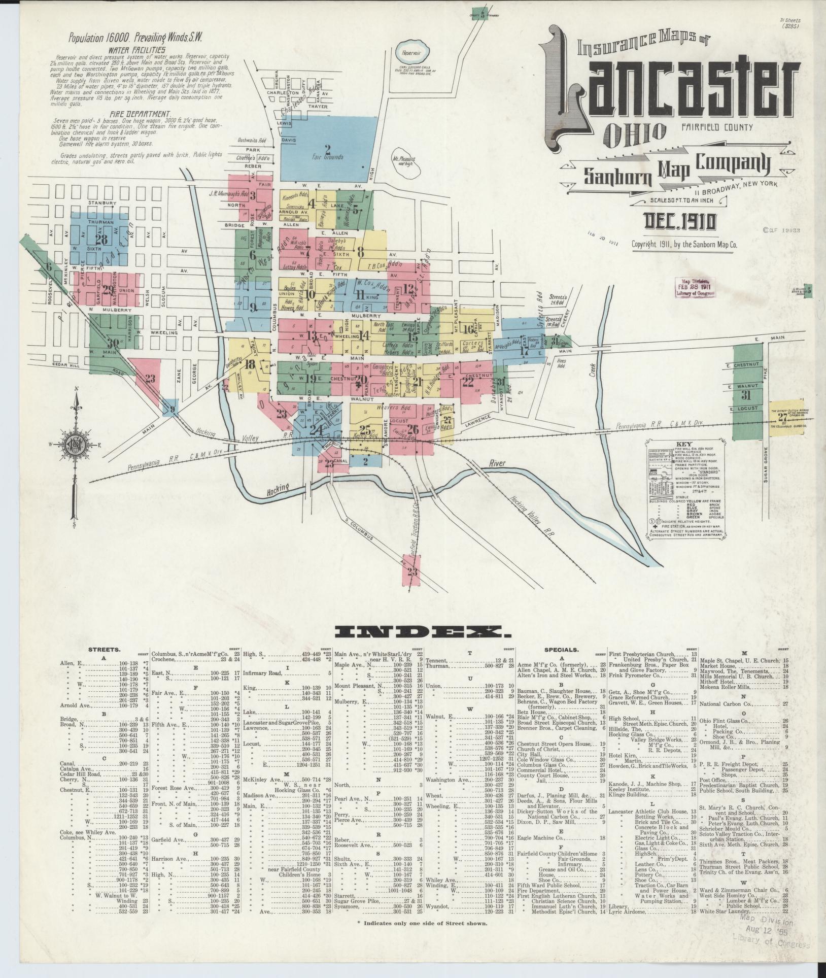Sanborn Fire Insurance Map from Lancaster, Fairfield County, Ohio (1910), Sheet #0001 - Historic Sanborn Fire Insurance Map Print, vintage old map wall art, antique decor, genealogy gift, Ohio Ohio map