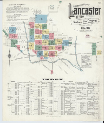 Sanborn Fire Insurance Map from Lancaster, Fairfield County, Ohio (1910), Sheet #0001 - Historic Sanborn Fire Insurance Map Print, vintage old map wall art, antique decor, genealogy gift, Ohio Ohio map