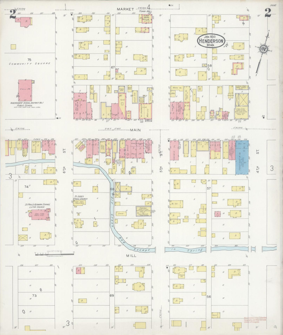 Sanborn Fire Insurance Map from Henderson, Sibley County, Minnesota (1930), Sheet #0002 - Historic Sanborn Fire Insurance Map Print, vintage old map wall art, antique decor, genealogy gift, Minnesota Minnesota map