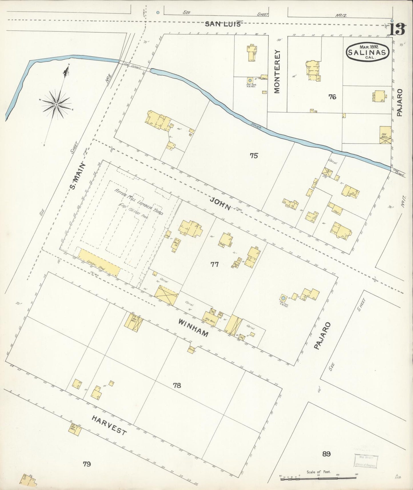 Sanborn Fire Insurance Map from Salinas, Monterey County, California (1892), Sheet #0013 - Complete Map Set gallery image, historic Sanborn map, vintage wall art, California California