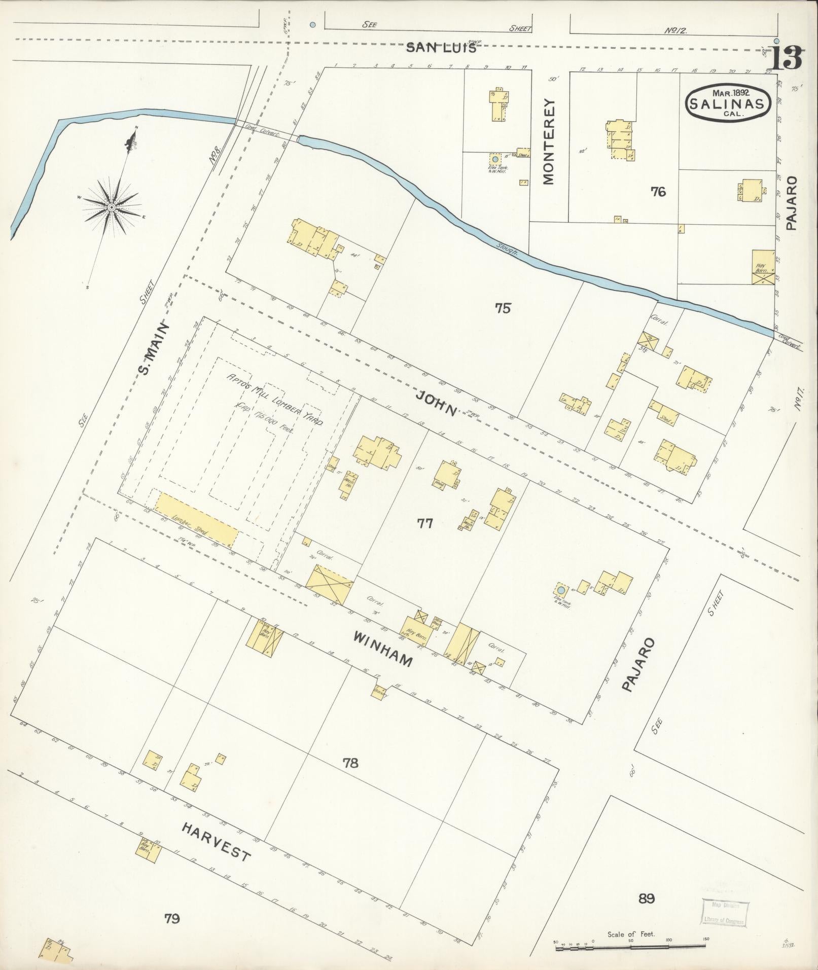 Sanborn Fire Insurance Map from Salinas, Monterey County, California (1892), Sheet #0013 - Complete Map Set gallery image, historic Sanborn map, vintage wall art, California California