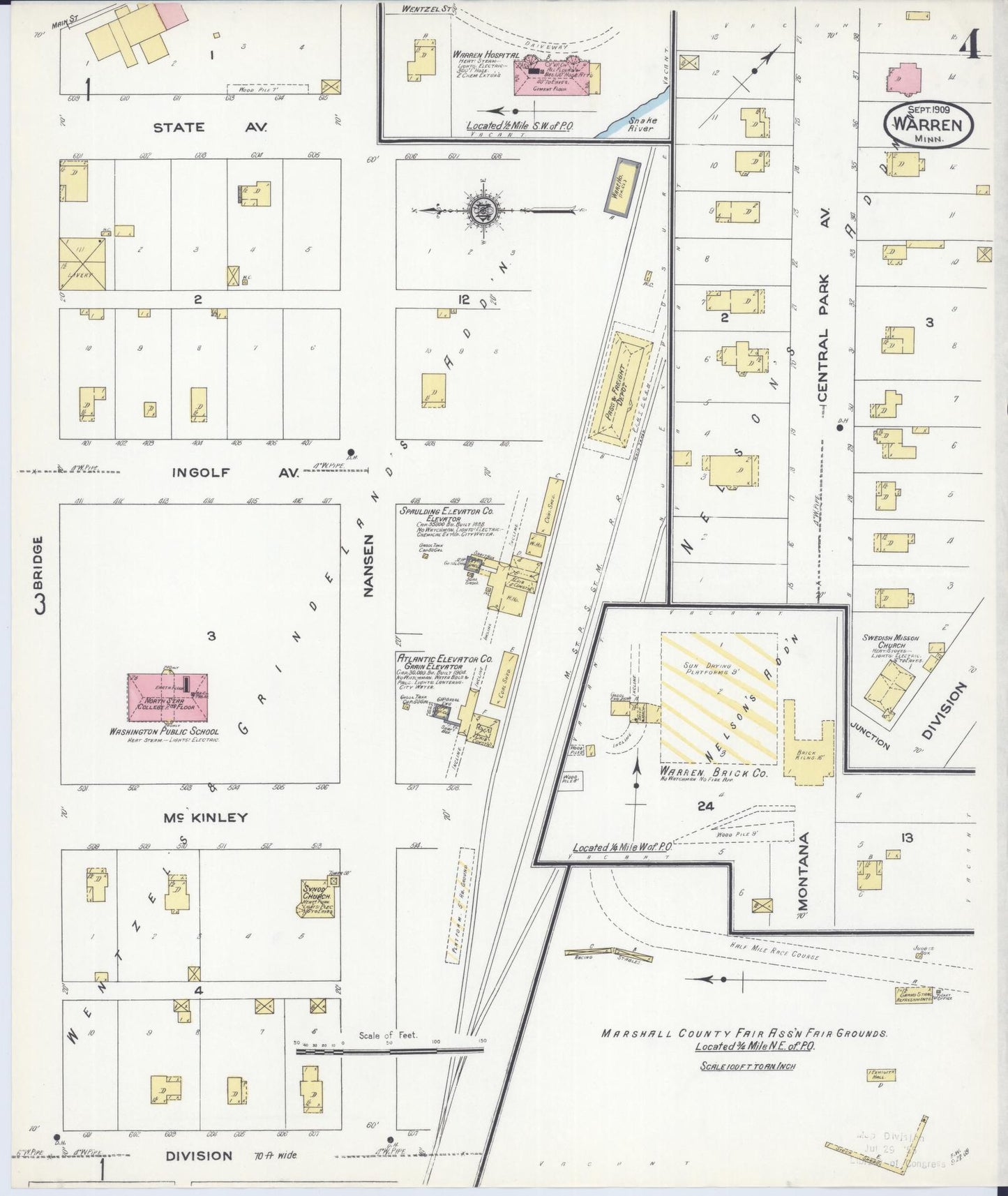 Sanborn Fire Insurance Map from Warren, Marshall County, Minnesota (1909), Sheet #0004 - Historic Sanborn Fire Insurance Map Print, vintage old map wall art, antique decor, genealogy gift, Minnesota Minnesota map