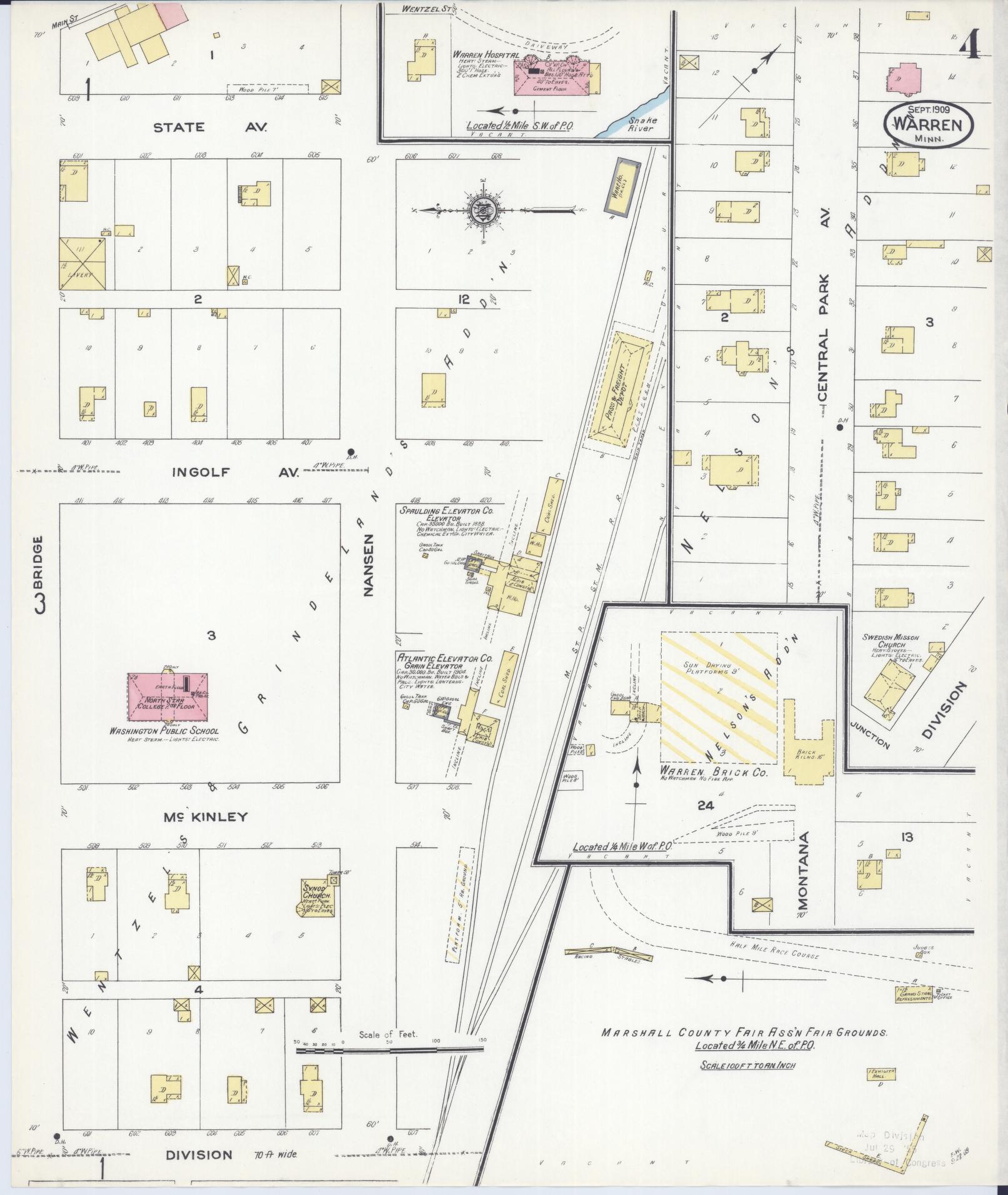 Sanborn Fire Insurance Map from Warren, Marshall County, Minnesota (1909), Sheet #0004 - Historic Sanborn Fire Insurance Map Print, vintage old map wall art, antique decor, genealogy gift, Minnesota Minnesota map