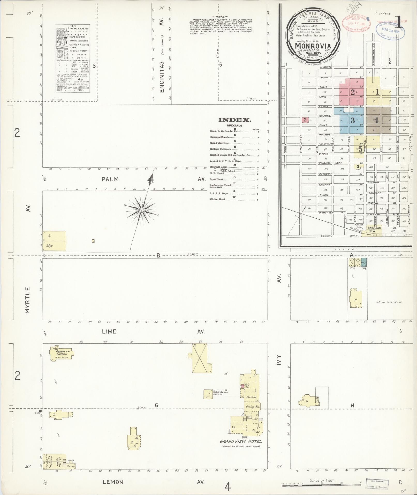Sanborn Fire Insurance Map from Monrovia, Los Angeles County, California (1897), Sheet #0001 - Complete Map Set gallery image, historic Sanborn map, vintage wall art, California California