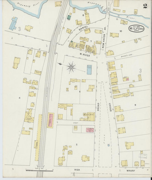 Sanborn Fire Insurance Map from Milford, New Haven County, Connecticut (1895), Sheet #0002 - Historic Sanborn Fire Insurance Map Print, vintage old map wall art, antique decor, genealogy gift, Connecticut Connecticut map