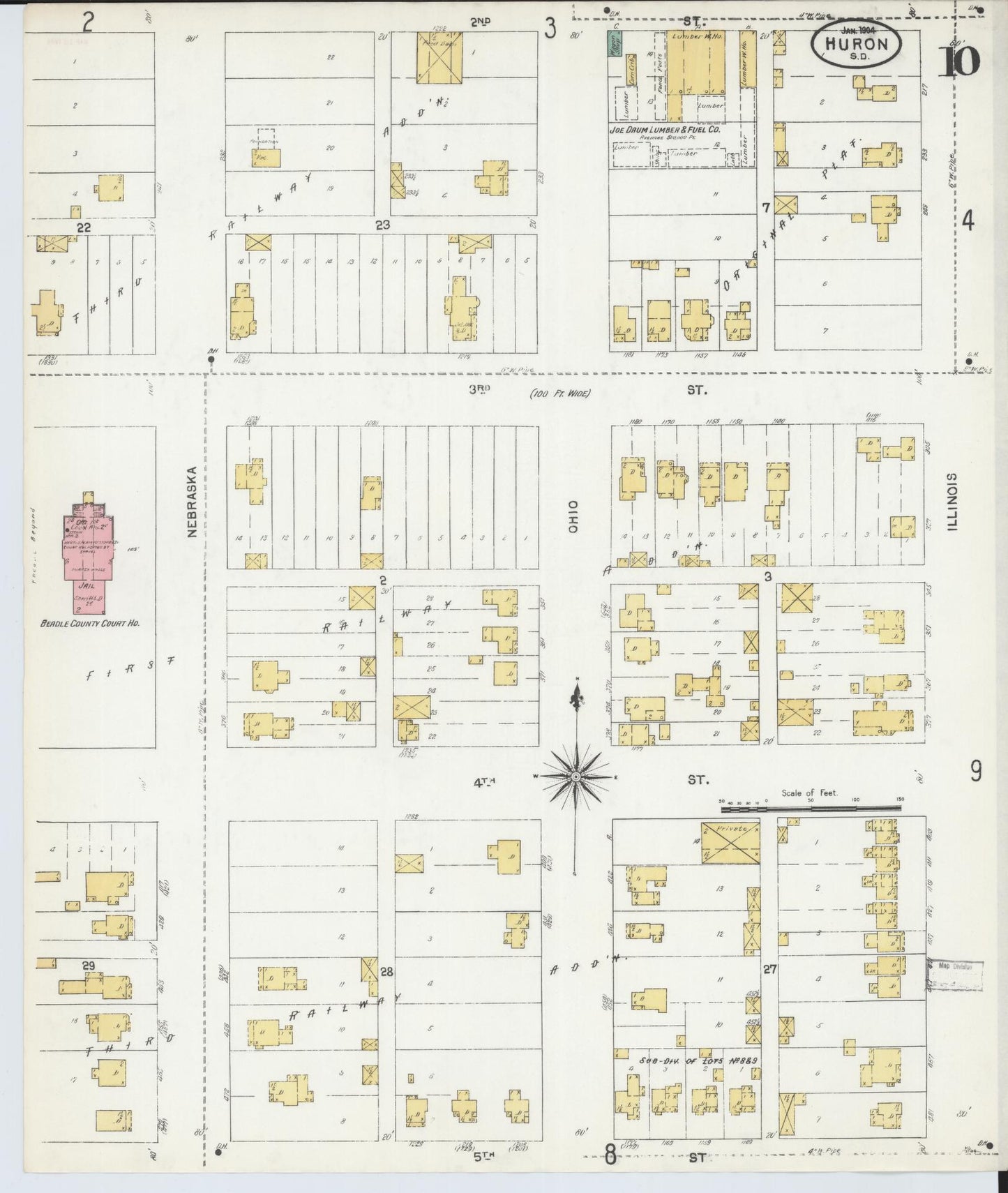 Sanborn Fire Insurance Map from Huron, Beadle County, South Dakota (1904), Sheet #0010 - Historic Sanborn Fire Insurance Map Print, vintage old map wall art, antique decor, genealogy gift, South Dakota South Dakota map
