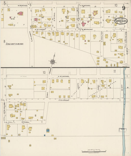 Sanborn Fire Insurance Map from Gonzales, Gonzales County, Texas (1922), Sheet #0009 - Historic Sanborn Fire Insurance Map Print, vintage old map wall art, antique decor, genealogy gift, Texas Texas map