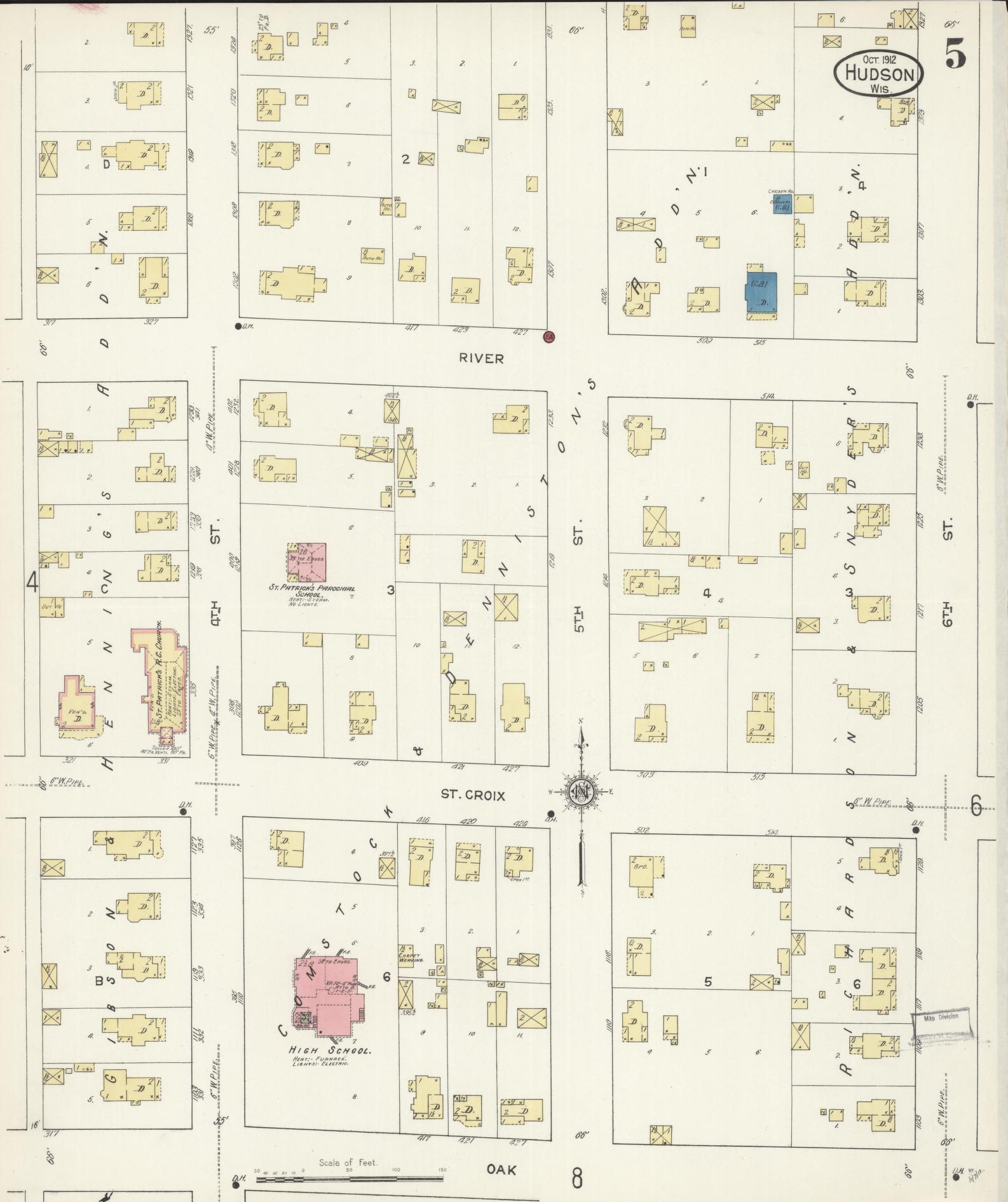 Sanborn Fire Insurance Map from Hudson, St. Croix County, Wisconsin (1912), Sheet #0005 - Historic Sanborn Fire Insurance Map Print, vintage old map wall art, antique decor, genealogy gift, Wisconsin Wisconsin map