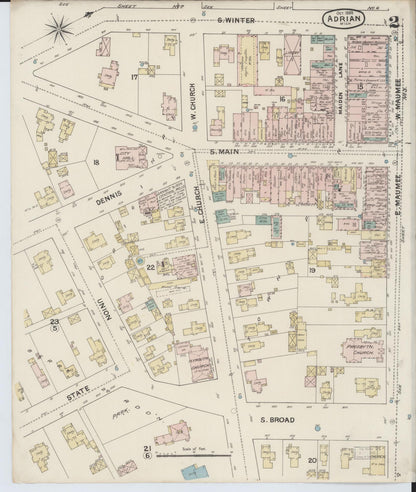 Sanborn Fire Insurance Map from Adrian, Lenawee County, Michigan (1888), Sheet #0002 - Historic Sanborn Fire Insurance Map Print, vintage old map wall art, antique decor, genealogy gift, Michigan Michigan map