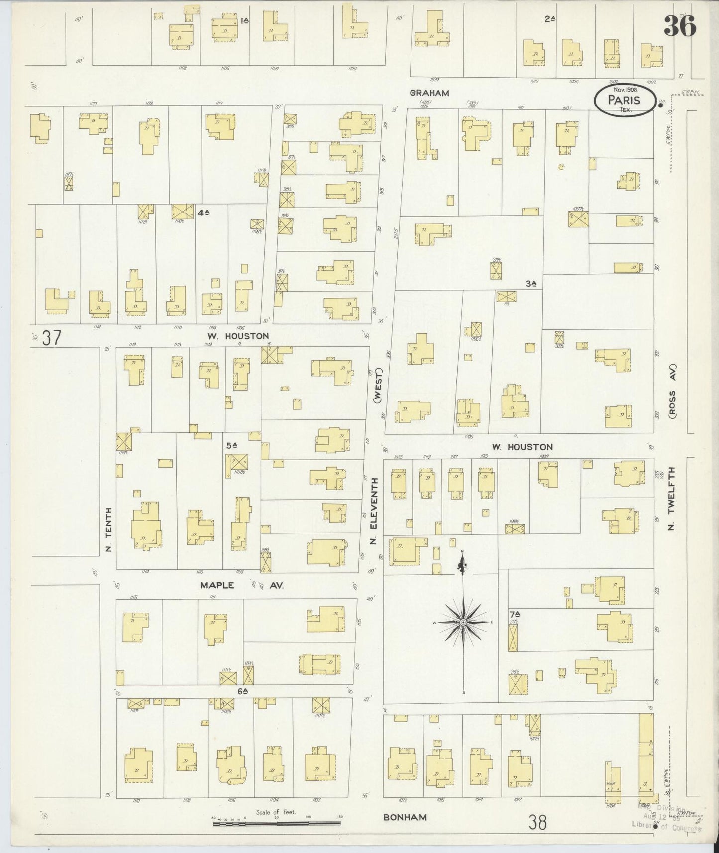 Sanborn Fire Insurance Map from Paris, Lamar County, Texas (1908), Sheet #0036 - Complete Map Set gallery image, historic Sanborn map, vintage wall art, Texas Texas