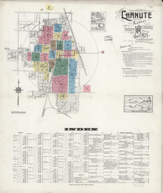 Sanborn Fire Insurance Map from Chanute, Neosho County, Kansas (1924), Sheet #0001 - Historic Sanborn Fire Insurance Map Print, vintage old map wall art, antique decor, genealogy gift, Kansas Kansas map
