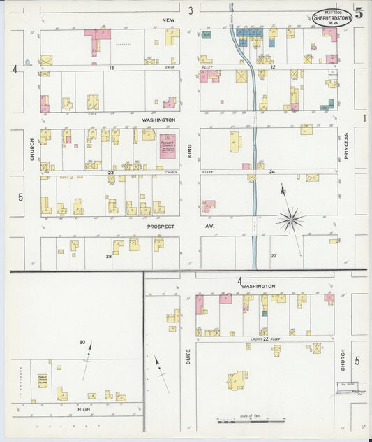 Sanborn Fire Insurance Map from Shepherdstown, Jefferson County, West Virginia (1909), Sheet #0005 - Historic Sanborn Fire Insurance Map Print, vintage old map wall art, antique decor, genealogy gift, West Virginia West Virginia map
