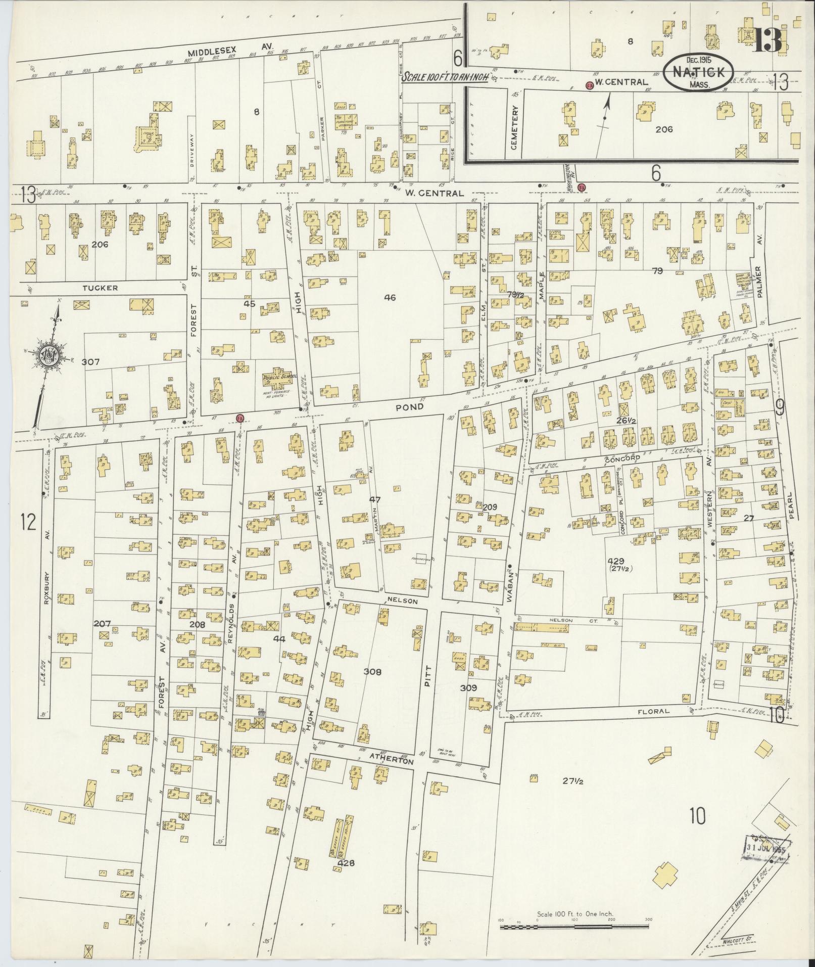 Sanborn Fire Insurance Map from Natick, Middlesex County, Massachusetts (1915), Sheet #0013 - Historic Sanborn Fire Insurance Map Print, vintage old map wall art, antique decor, genealogy gift, Massachusetts Massachusetts map