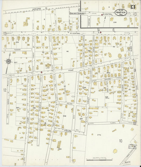 Sanborn Fire Insurance Map from Natick, Middlesex County, Massachusetts (1915), Sheet #0013 - Historic Sanborn Fire Insurance Map Print, vintage old map wall art, antique decor, genealogy gift, Massachusetts Massachusetts map
