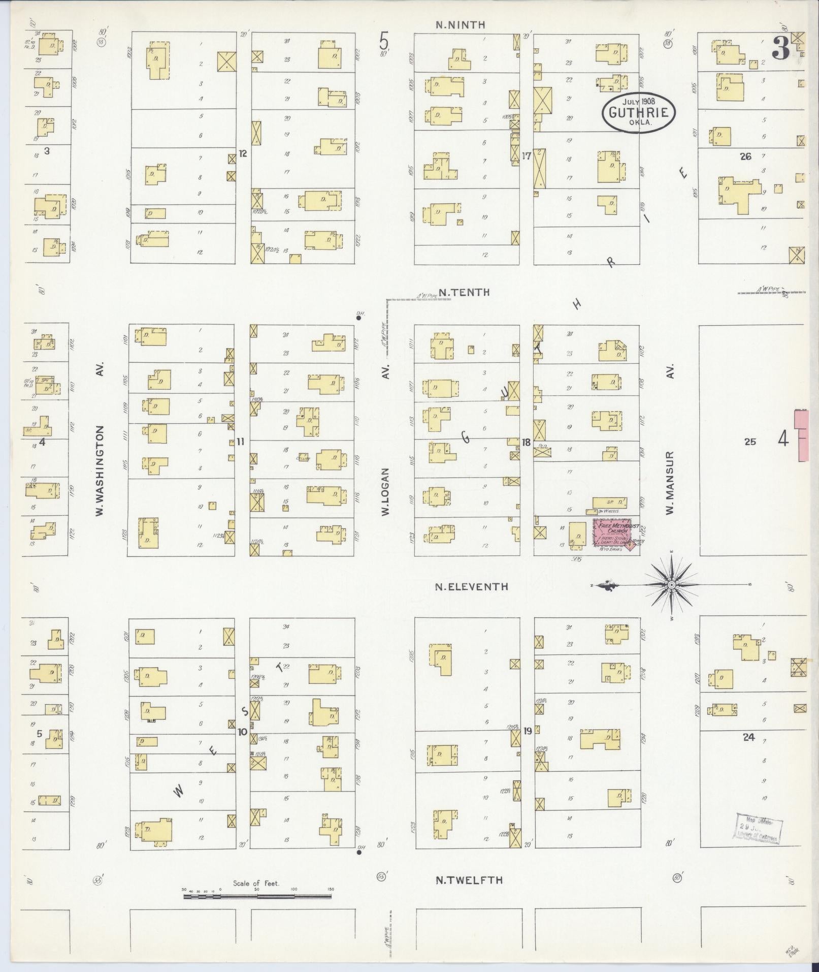 Sanborn Fire Insurance Map from Guthrie, Logan County, Oklahoma (1908), Sheet #0003 - Historic Sanborn Fire Insurance Map Print, vintage old map wall art, antique decor, genealogy gift, Oklahoma Oklahoma map