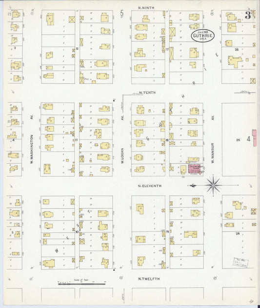 Sanborn Fire Insurance Map from Guthrie, Logan County, Oklahoma (1908), Sheet #0003 - Historic Sanborn Fire Insurance Map Print, vintage old map wall art, antique decor, genealogy gift, Oklahoma Oklahoma map