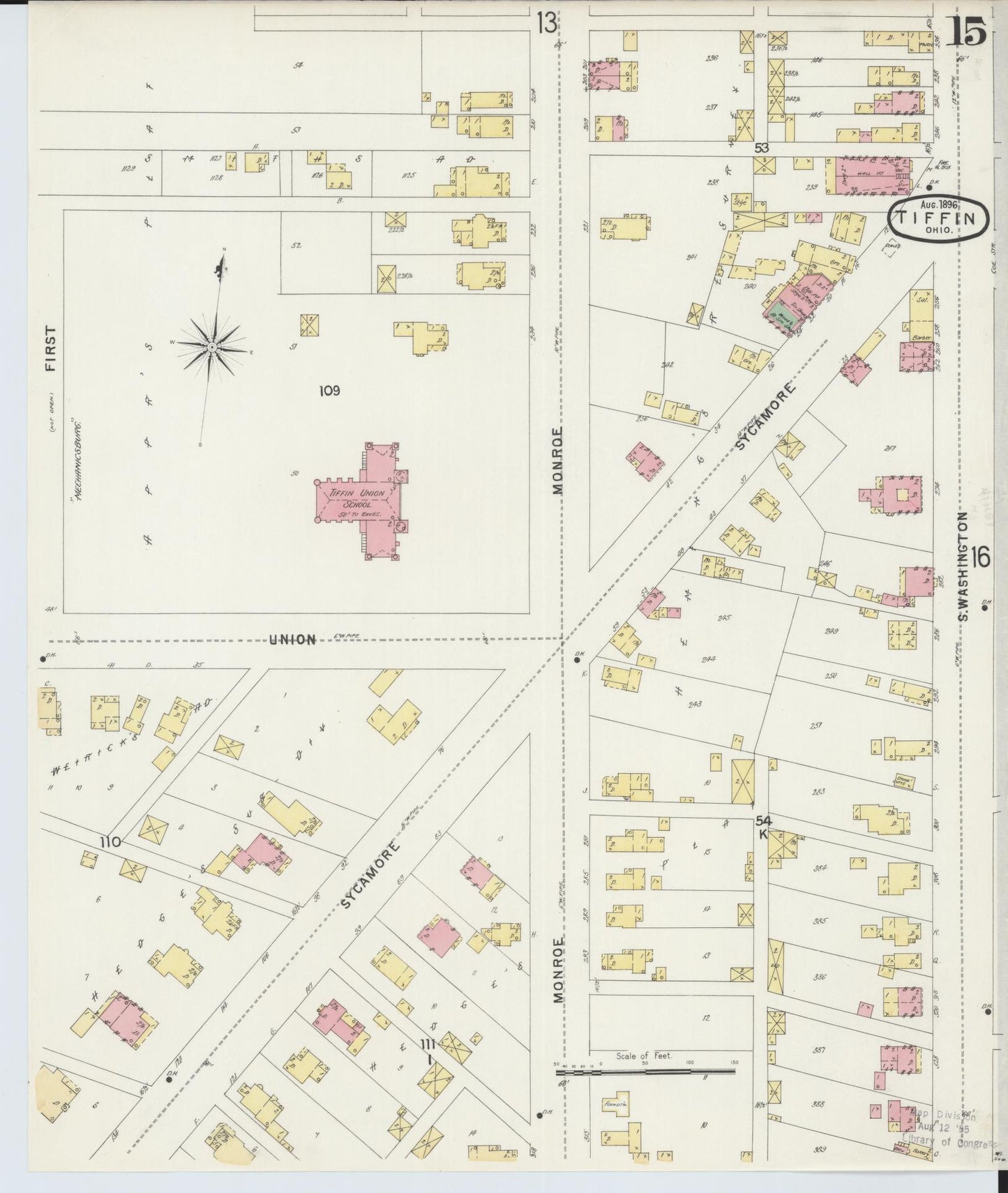 Sanborn Fire Insurance Map from Tiffin, Seneca County, Ohio (1896), Sheet #0015 - Historic Sanborn Fire Insurance Map Print, vintage old map wall art, antique decor, genealogy gift, Ohio Ohio map