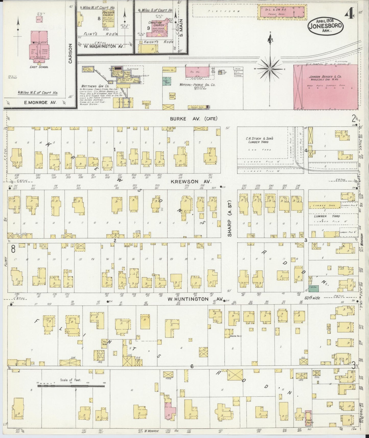 Sanborn Fire Insurance Map from Jonesboro, Craighead County, Arkansas (1908), Sheet #0004 - Complete Map Set gallery image, historic Sanborn map, vintage wall art, Arkansas Arkansas