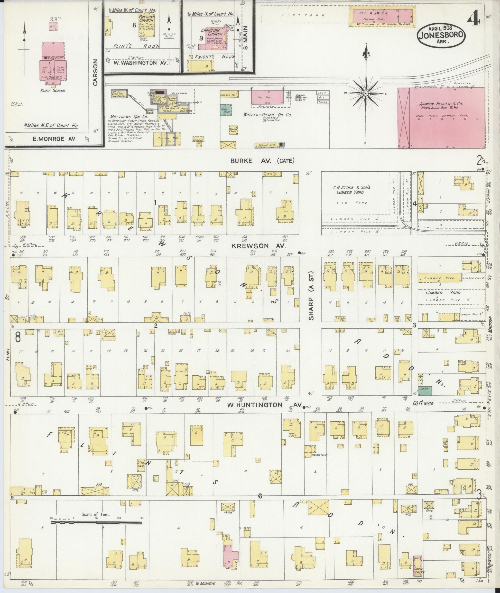 Sanborn Fire Insurance Map from Jonesboro, Craighead County, Arkansas (1908), Sheet #0004 - Complete Map Set gallery image, historic Sanborn map, vintage wall art, Arkansas Arkansas