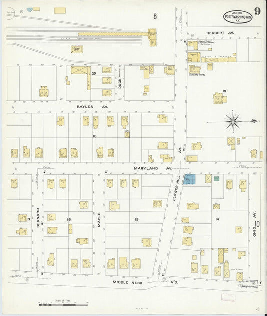 Sanborn Fire Insurance Map from Port Washington, Nassau County, New York (1909), Sheet #0009 - Historic Sanborn Fire Insurance Map Print, vintage old map wall art, antique decor, genealogy gift, New York New York map