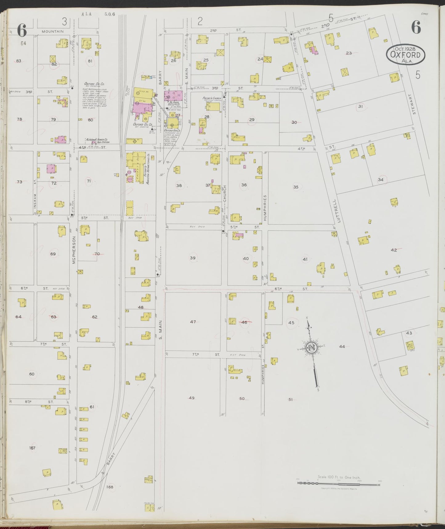 Sanborn Fire Insurance Map from Oxford, Calhoun County, Alabama (1928), Sheet #0006 - Historic Sanborn Fire Insurance Map Print, vintage old map wall art, antique decor, genealogy gift, Alabama Alabama map