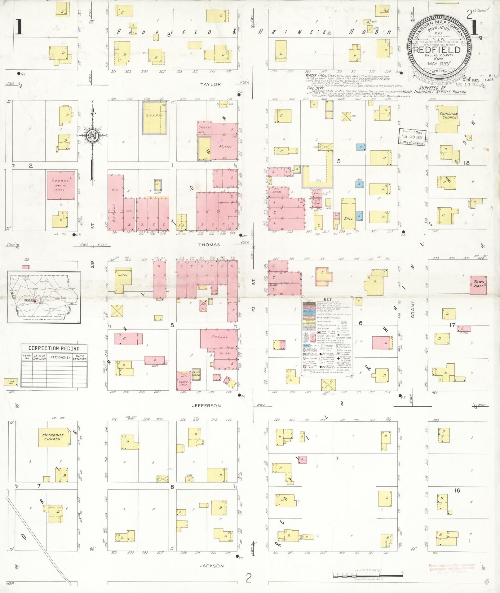 Sanborn Fire Insurance Map from Redfield, Dallas County, Iowa (1933), Sheet #0001 - Historic Sanborn Fire Insurance Map Print