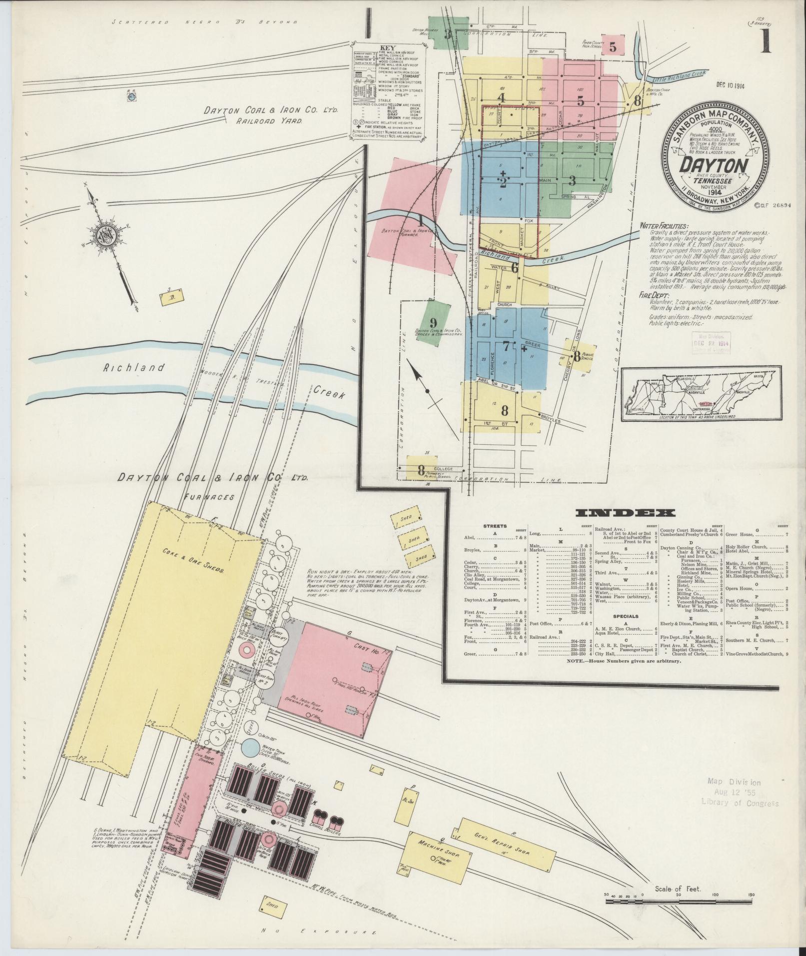 Sanborn Fire Insurance Map from Dayton, Rhea County, Tennessee (1914), Sheet #0001 - Complete Map Set gallery image, historic Sanborn map, vintage wall art, Tennessee Tennessee