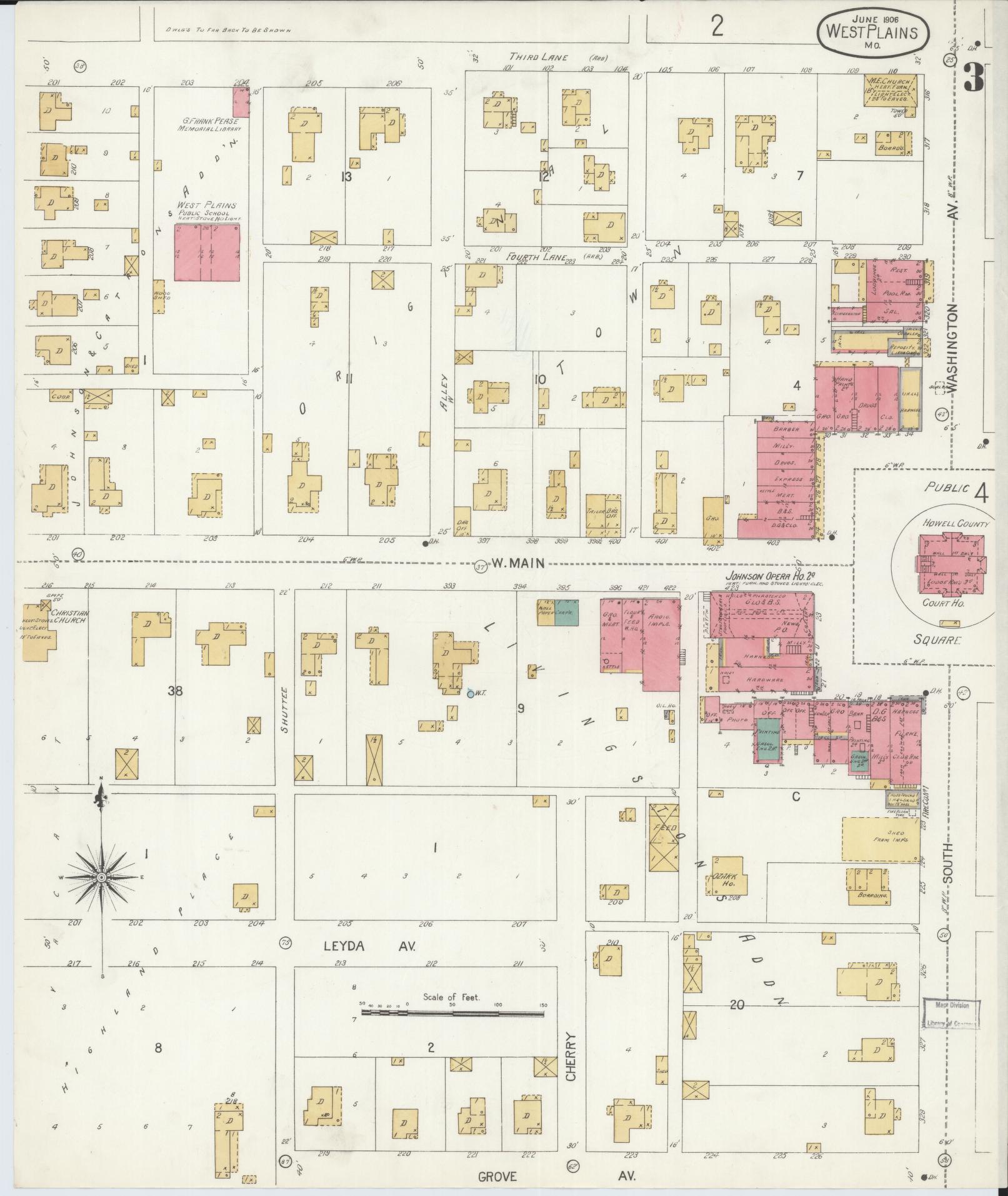 Sanborn Fire Insurance Map from West Plains, Howell County, Missouri (1906), Sheet #0003 - Complete Map Set gallery image, historic Sanborn map, vintage wall art, Missouri Missouri