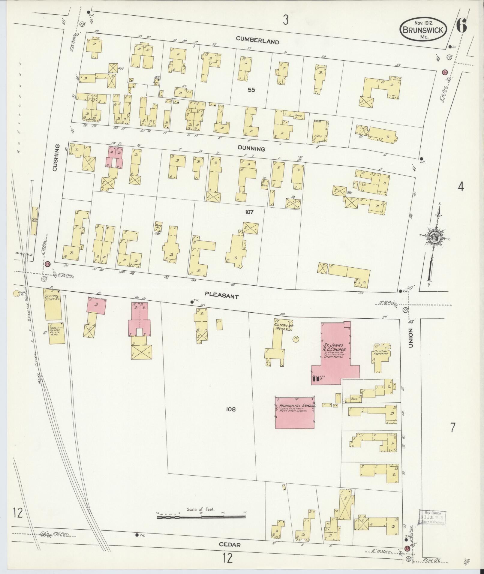 Sanborn Fire Insurance Map from Brunswick, Cumberland County, Maine (1912), Sheet #0006 - Complete Map Set gallery image, historic Sanborn map, vintage wall art, Maine Maine