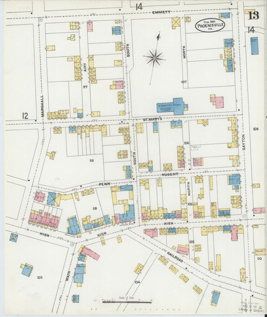Sanborn Fire Insurance Map from Phoenixville, Chester County, Pennsylvania (1906), Sheet #0013 - Historic Sanborn Fire Insurance Map Print, vintage old map wall art, antique decor, genealogy gift, Pennsylvania Pennsylvania map