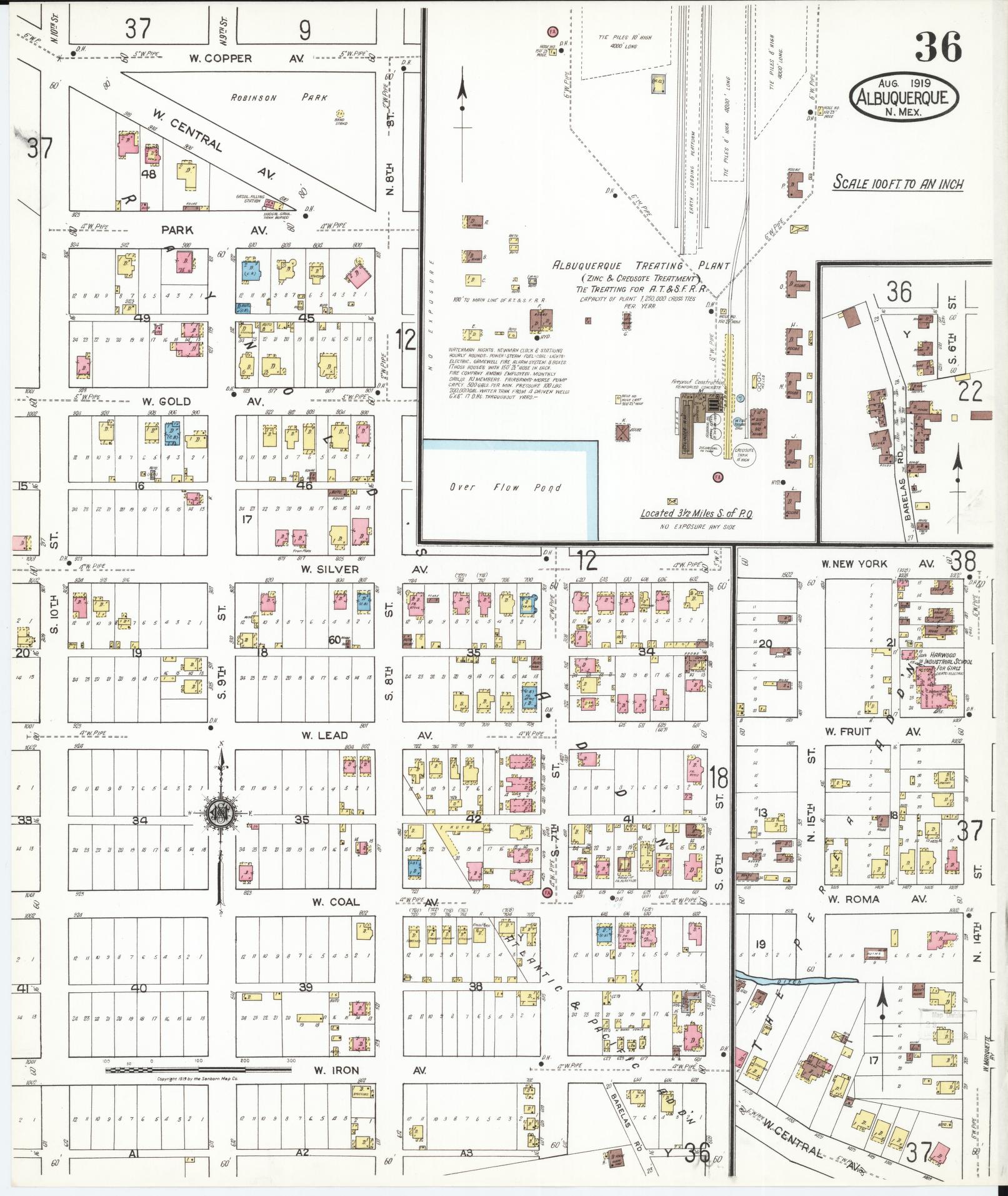 Sanborn Fire Insurance Map from Albuquerque, Bernalillo County, New Mexico (1919), Sheet #0036 - Historic Sanborn Fire Insurance Map Print, vintage old map wall art, antique decor, genealogy gift, New Mexico New Mexico map