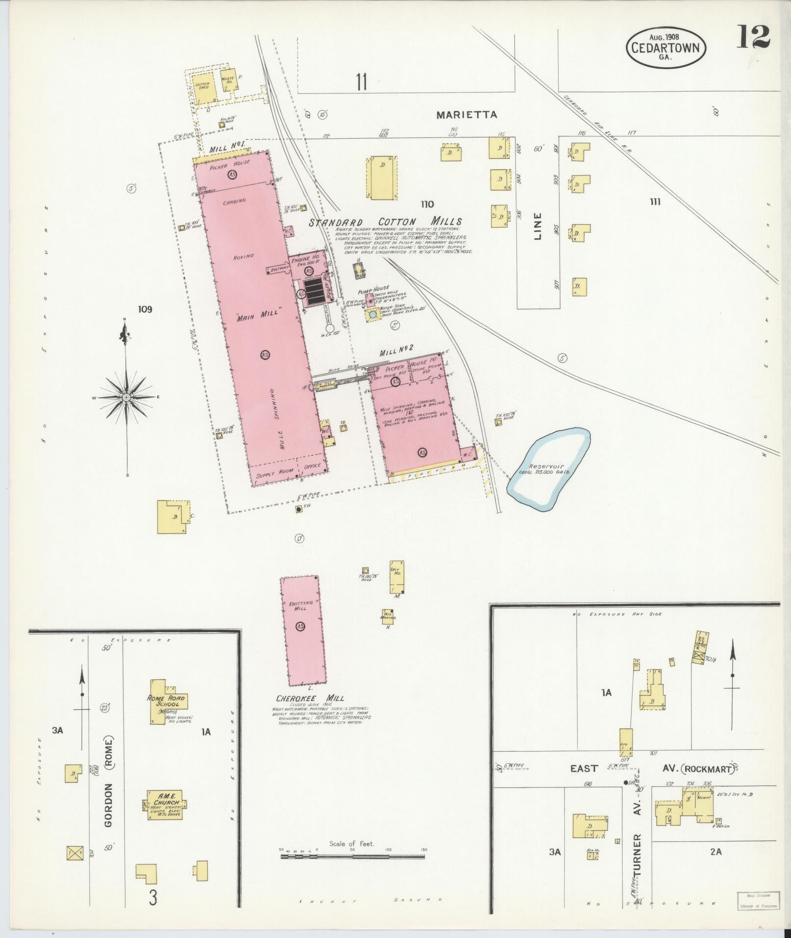 Sanborn Fire Insurance Map from Cedartown, Polk County, Georgia (1908), Sheet #0012 - Historic Sanborn Fire Insurance Map Print, vintage old map wall art, antique decor, genealogy gift, Georgia Georgia map