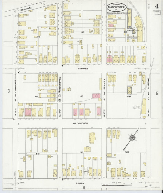 Sanborn Fire Insurance Map from Manchester, Chesterfield County, Virginia (1910), Sheet #0004 - Historic Sanborn Fire Insurance Map Print, vintage old map wall art, antique decor, genealogy gift, Virginia Virginia map