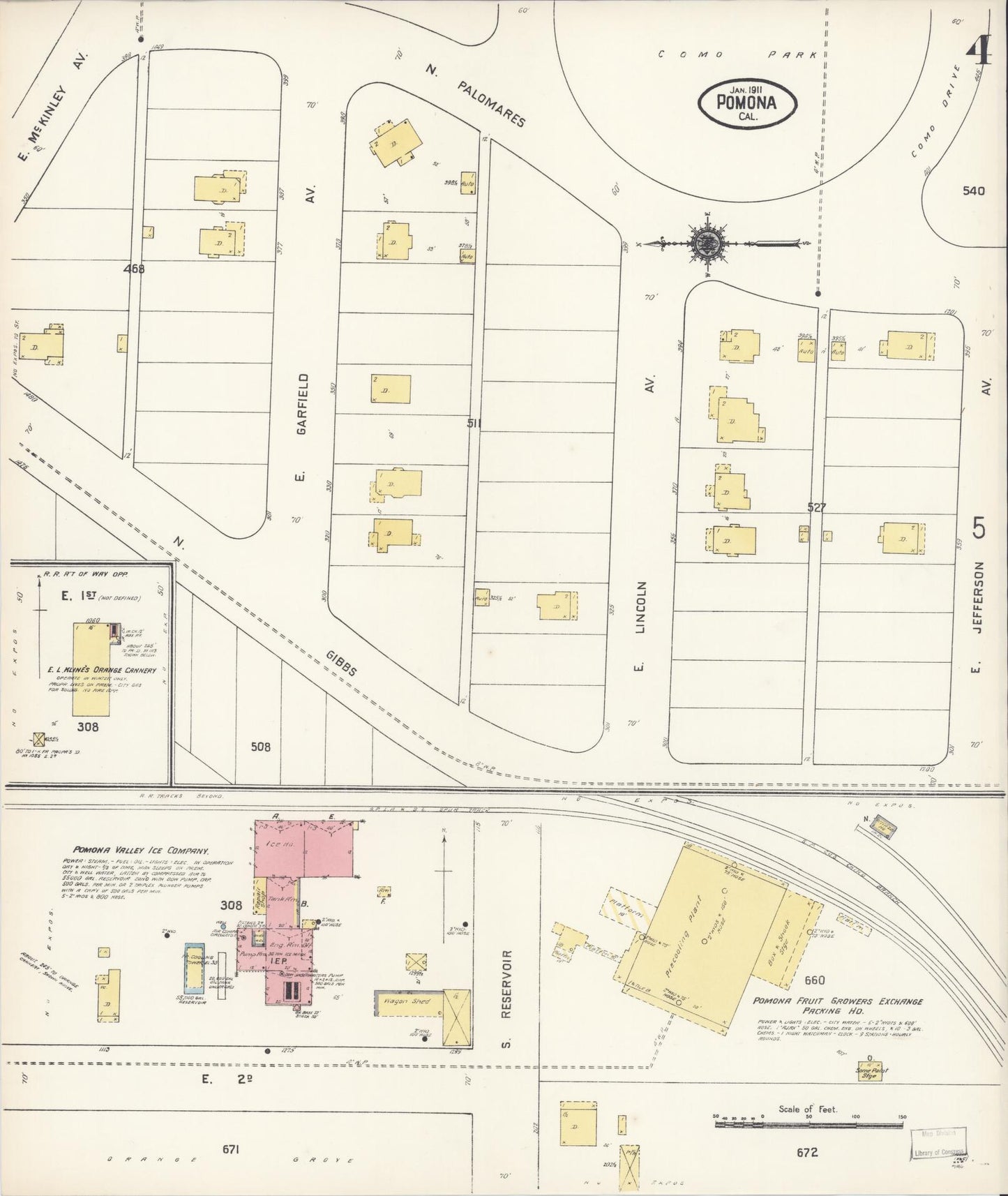 Sanborn Fire Insurance Map from Pomona, Los Angeles County, California (1911), Sheet #0004 - Complete Map Set gallery image, historic Sanborn map, vintage wall art, California California