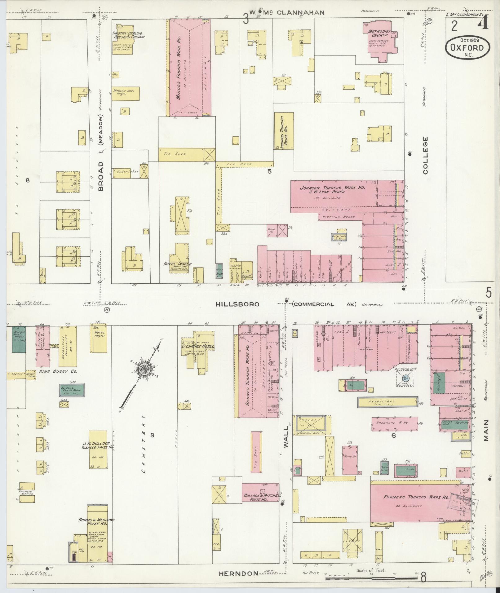 Sanborn Fire Insurance Map from Oxford, Granville County, North Carolina (1909), Sheet #0004 - Historic Sanborn Fire Insurance Map Print, vintage old map wall art, antique decor, genealogy gift, North Carolina North Carolina map