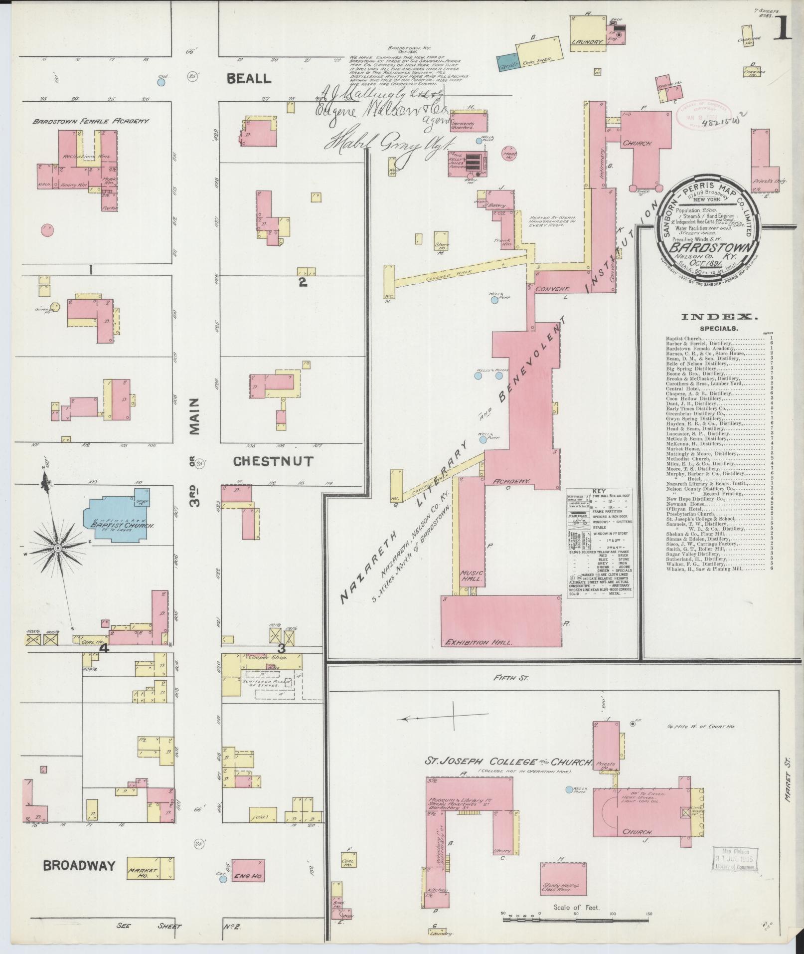 Sanborn Fire Insurance Map from Bardstown, Nelson County, Kentucky (1891), Sheet #0001 - Historic Sanborn Fire Insurance Map Print, vintage old map wall art, antique decor, genealogy gift, Kentucky Kentucky map
