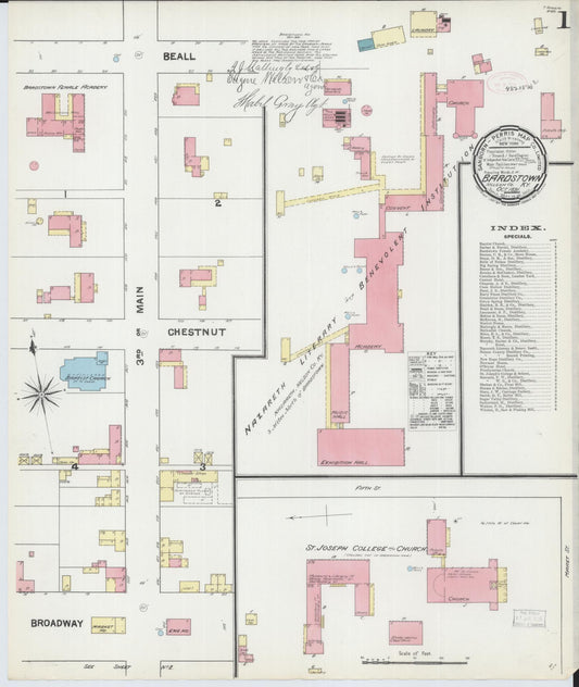 Sanborn Fire Insurance Map from Bardstown, Nelson County, Kentucky (1891), Sheet #0001 - Historic Sanborn Fire Insurance Map Print, vintage old map wall art, antique decor, genealogy gift, Kentucky Kentucky map
