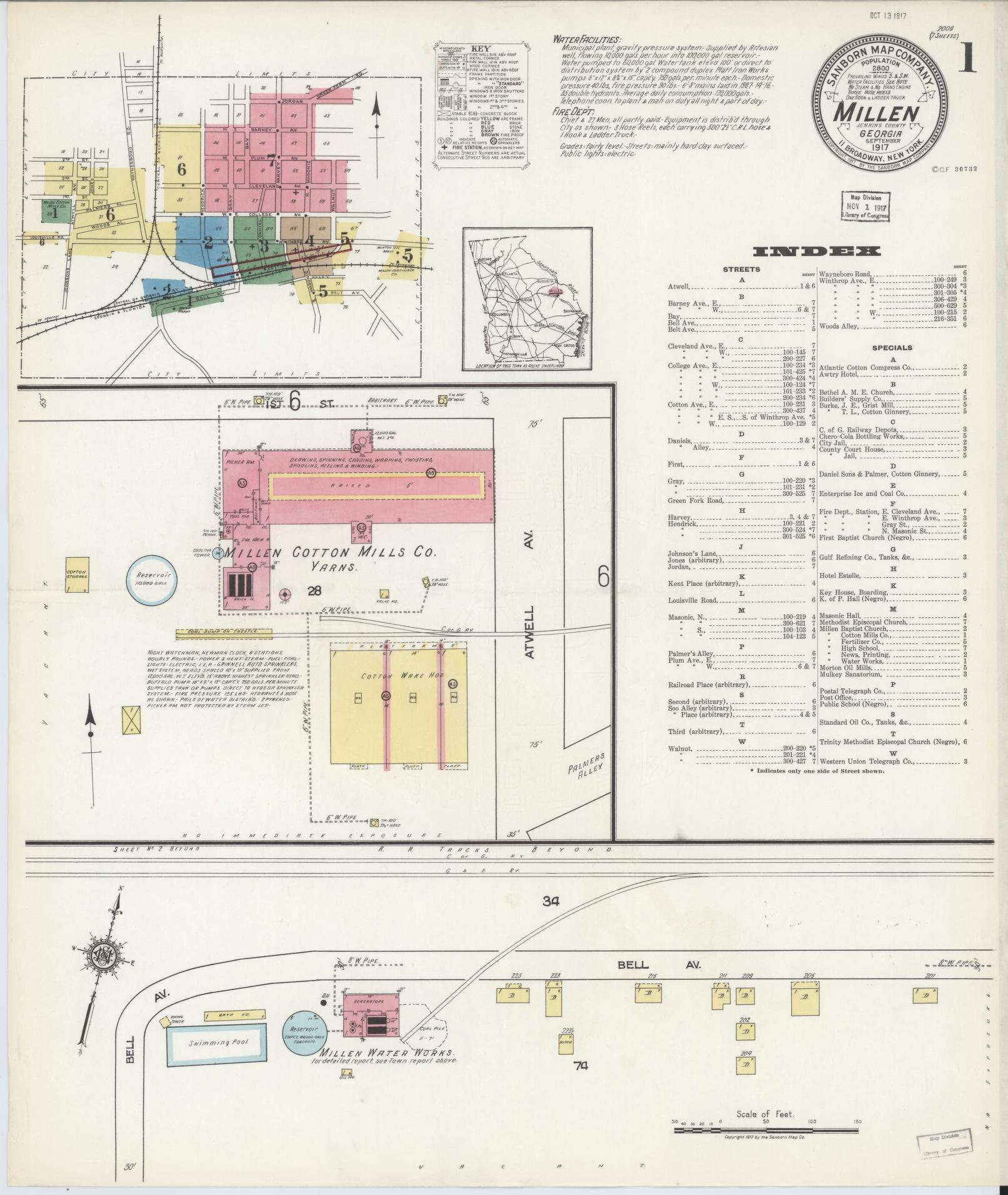 Sanborn Fire Insurance Map from Millen, Jenkins County, Georgia (1917), Sheet #0001 - Historic Sanborn Fire Insurance Map Print, vintage old map wall art, antique decor, genealogy gift, Georgia Georgia map