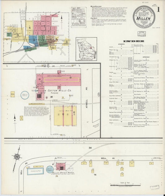 Sanborn Fire Insurance Map from Millen, Jenkins County, Georgia (1917), Sheet #0001 - Historic Sanborn Fire Insurance Map Print, vintage old map wall art, antique decor, genealogy gift, Georgia Georgia map