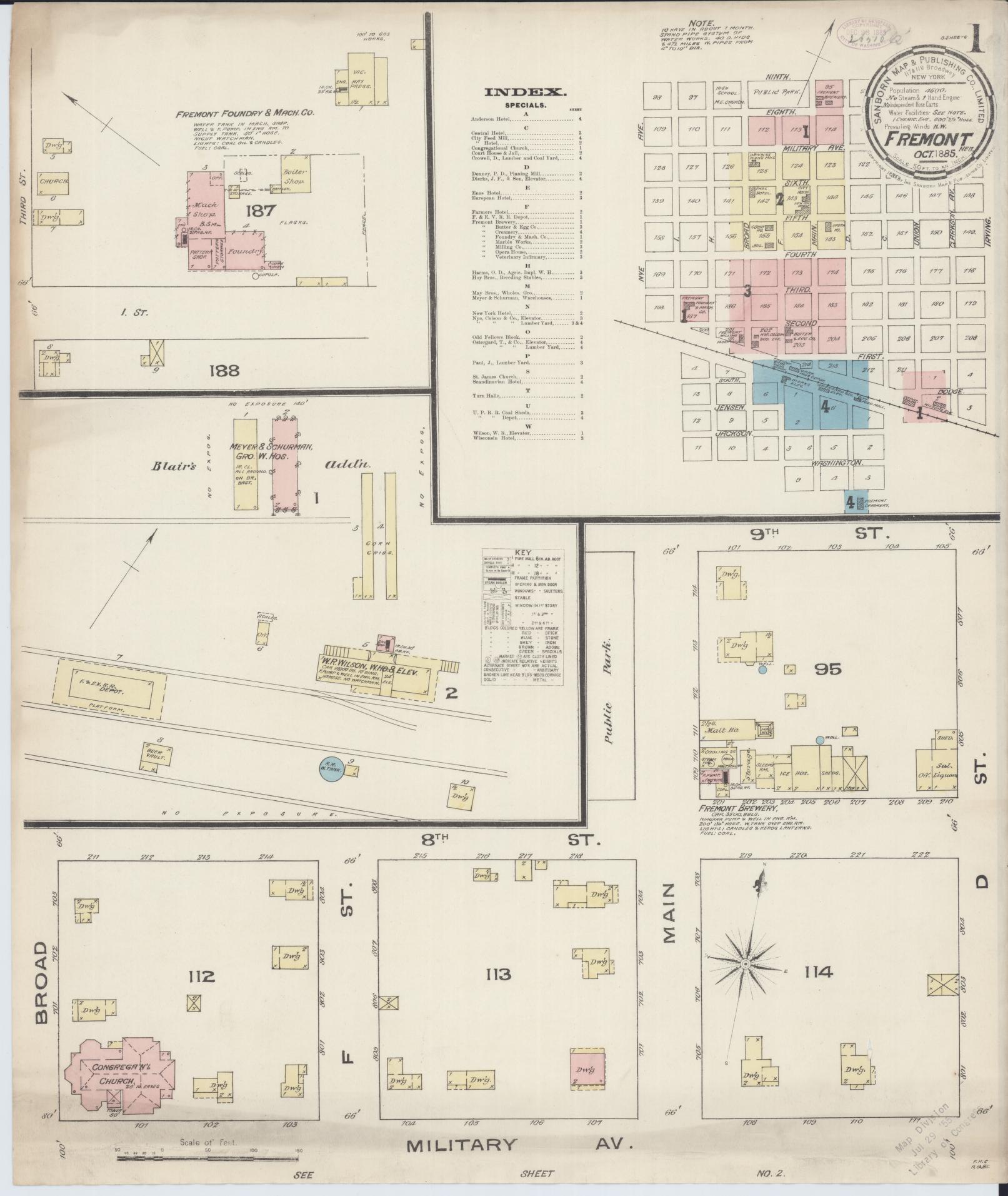 Sanborn Fire Insurance Map from Fremont, Dodge County, Nebraska (1885), Sheet #0001 - Historic Sanborn Fire Insurance Map Print, vintage old map wall art, antique decor, genealogy gift, Nebraska Nebraska map