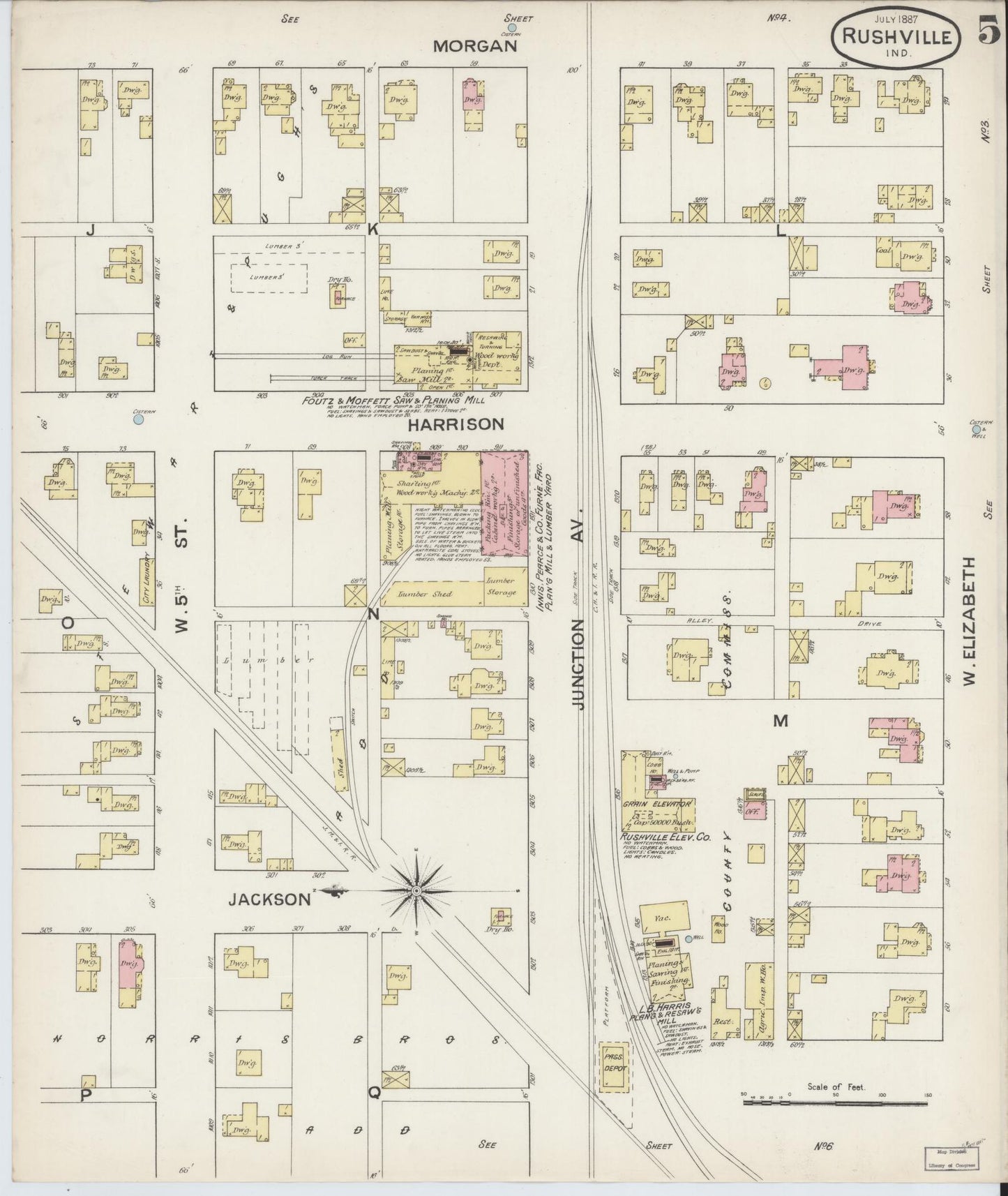 Sanborn Fire Insurance Map from Rushville, Rush County, Indiana (1887), Sheet #0005 - Complete Map Set gallery image, historic Sanborn map, vintage wall art, Indiana Indiana