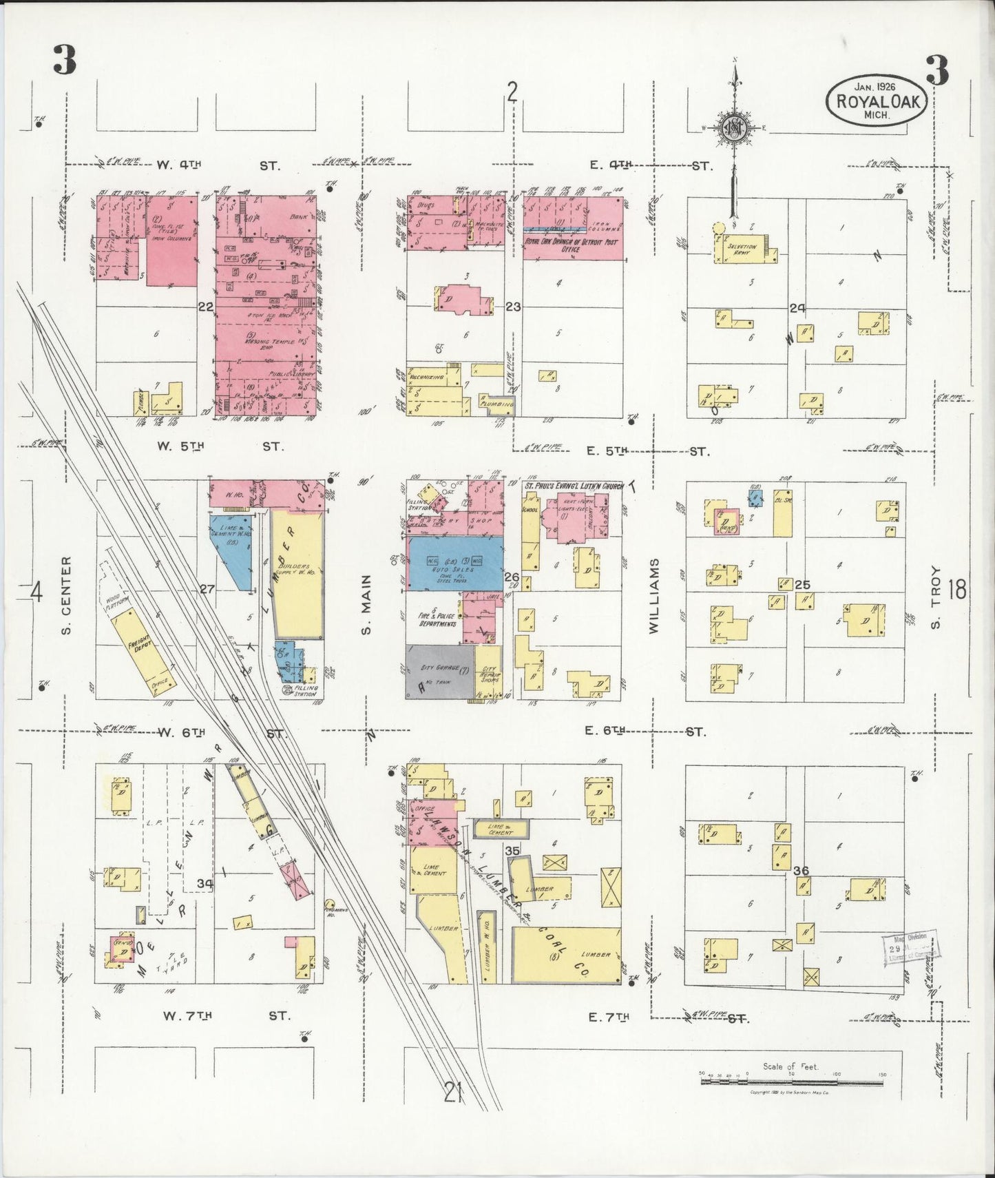 Sanborn Fire Insurance Map from Royal Oak, Oakland County, Michigan (1926), Sheet #0003 - Complete Map Set gallery image, historic Sanborn map, vintage wall art, Michigan Michigan