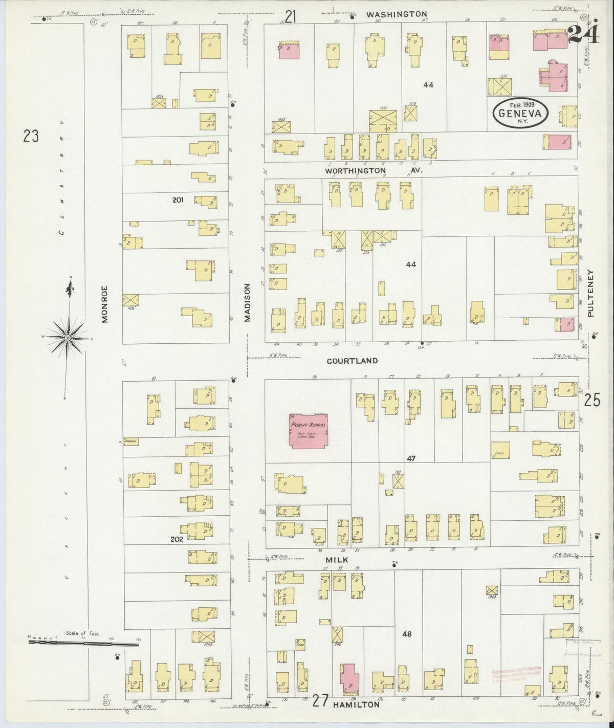 Sanborn Fire Insurance Map from Geneva, Ontario County, New York (1909), Sheet #0024 - Historic Sanborn Fire Insurance Map Print, vintage old map wall art, antique decor, genealogy gift, New York New York map