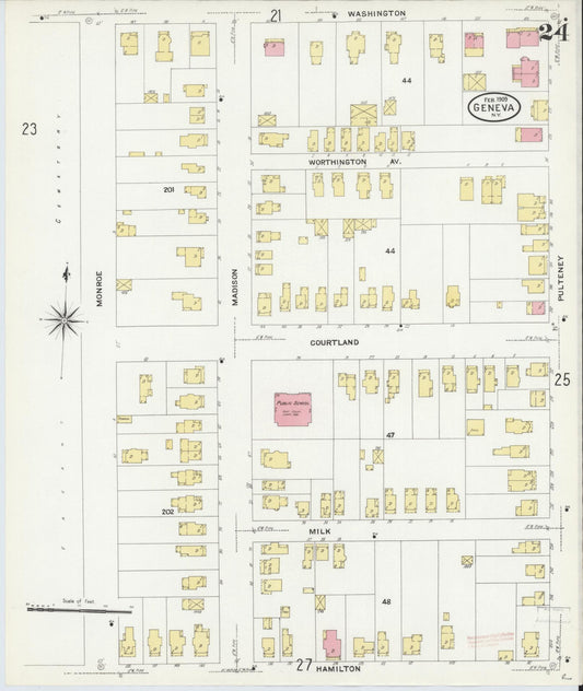 Sanborn Fire Insurance Map from Geneva, Ontario County, New York (1909), Sheet #0024 - Historic Sanborn Fire Insurance Map Print, vintage old map wall art, antique decor, genealogy gift, New York New York map