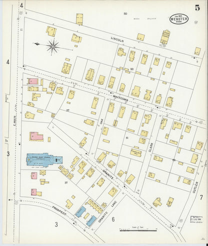 Sanborn Fire Insurance Map from Webster, Worcester County, Massachusetts (1904), Sheet #0005 - Historic Sanborn Fire Insurance Map Print, vintage old map wall art, antique decor, genealogy gift, Massachusetts Massachusetts map