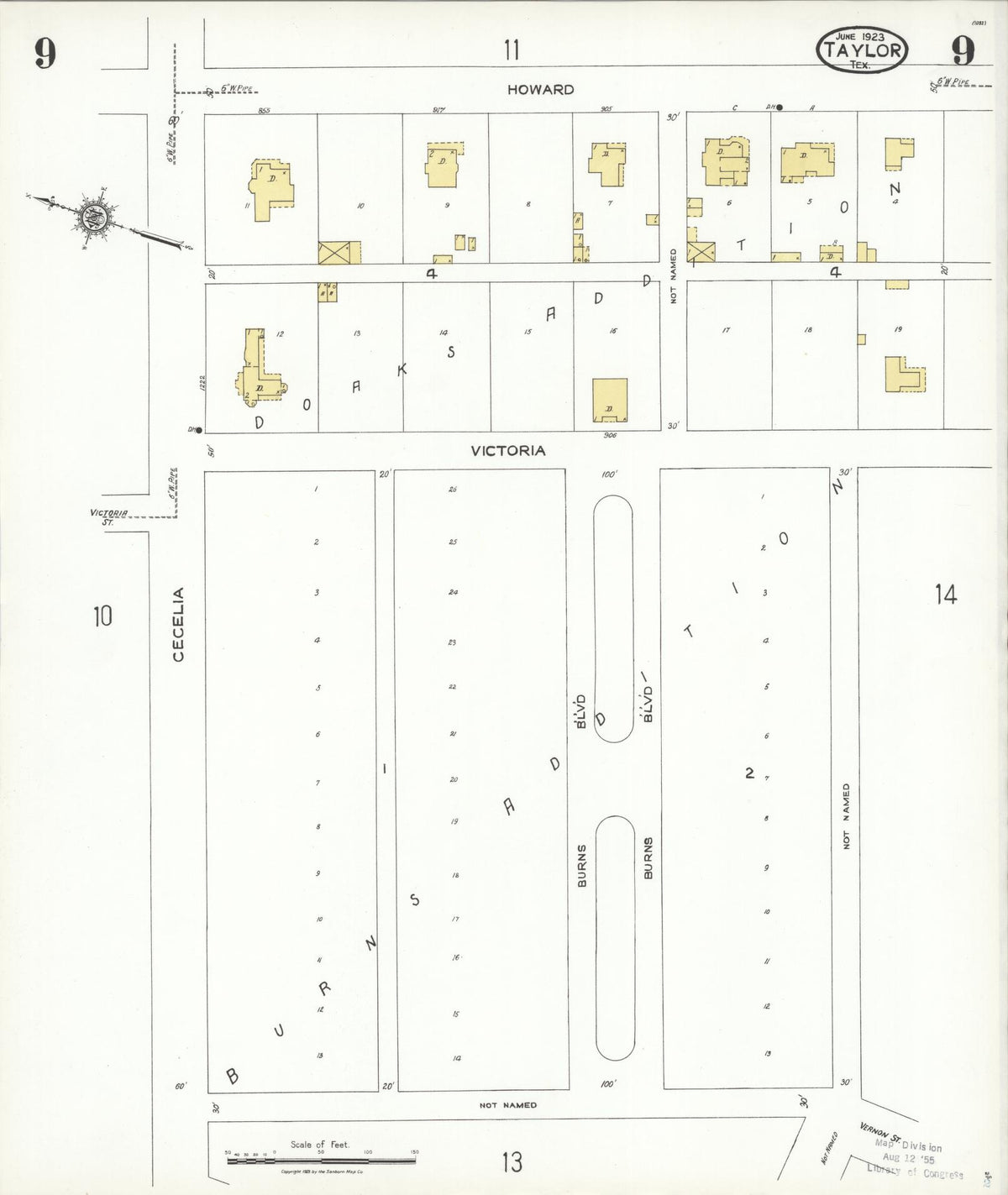 Sanborn Fire Insurance Map from Taylor, Williamson County, Texas (1923), Sheet #0009 - Historic Sanborn Fire Insurance Map Print, vintage old map wall art, antique decor, genealogy gift, Texas Texas map