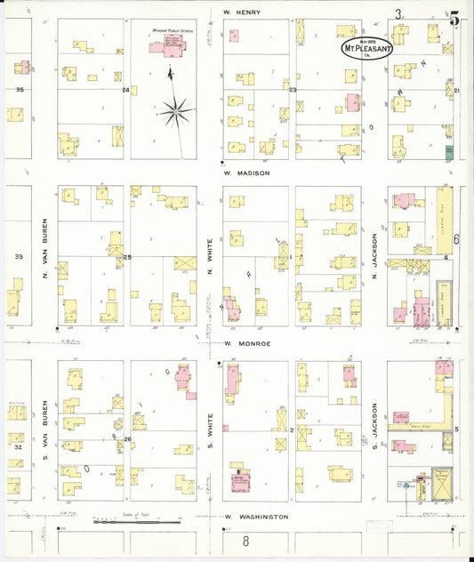 Sanborn Fire Insurance Map from Mount Pleasant, Henry County, Iowa (1909), Sheet #0005 - Historic Sanborn Fire Insurance Map Print, vintage old map wall art